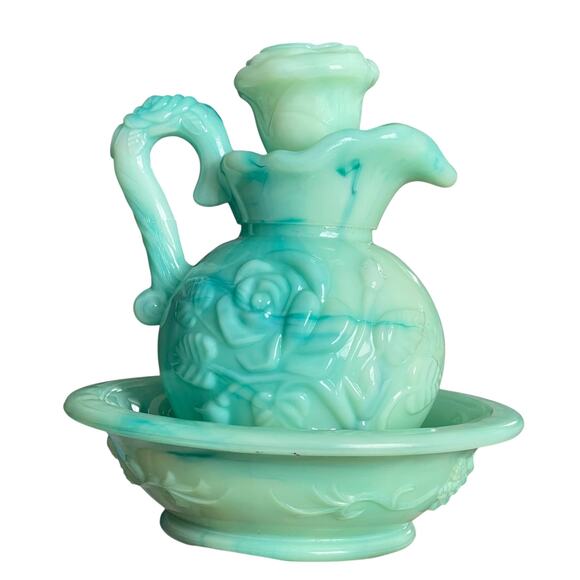 Vintage Avon Pitcher & Basin w/ Stopper Set Decanter Jadeite Empty Bath Bottle - Picture 1 of 10